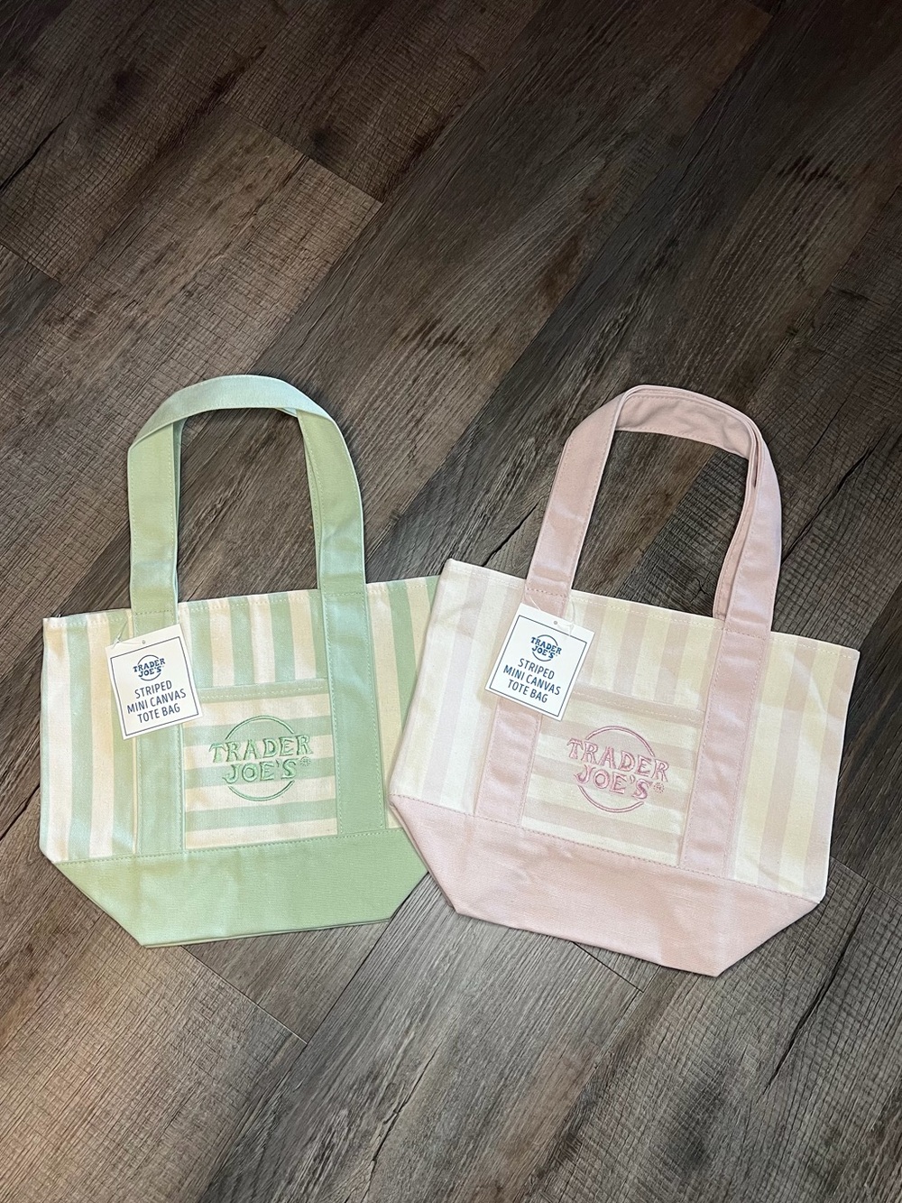 Set of 2 Trader Joe's Pastel Striped Mini Canvas Tote Bags - Green & Pink 2026